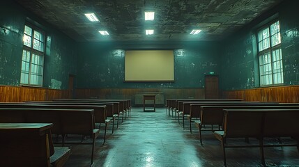 Retro Classroom Setting with Wooden Benches and Vintage Walls Under Soft Lighting AI Generated