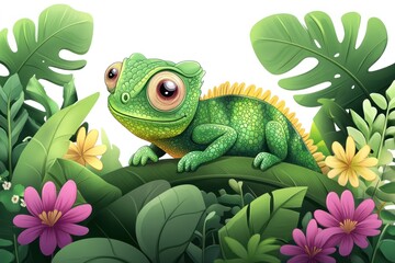 Fototapeta premium Vibrant Green Lizard Amidst Colorful Tropical Foliage with Lush Leaves and Bright Flowers, Capturing the Essence of Jungle Wildlife in a Playful, Cartoonish Style