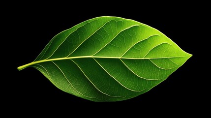 Obraz premium A close-up of a vibrant green leaf, showcasing its intricate veins and smooth texture against a dark background.