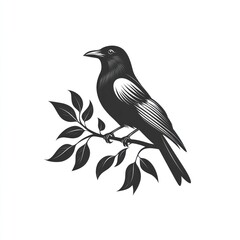 Obraz premium Monochrome illustration of a crow perched on a branch with leaves.