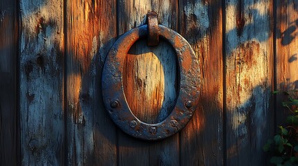 A classic horseshoe above a weathered wooden door, lit by the soft glow of early morning sunlight, with intricate wood grain patterns and the shadow of nearby foliage adding depth, hd quality,