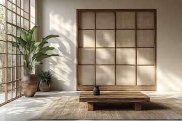 Minimalist Japanese-style room interior with shoji screen, low table, plants, and sunlight.