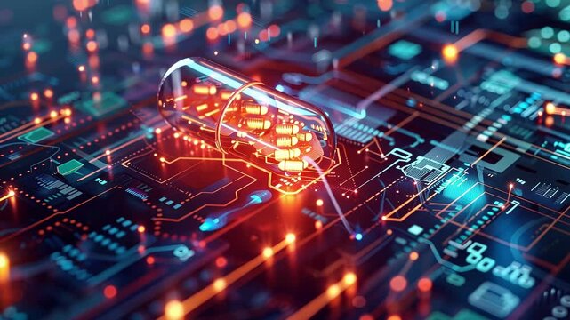 Transparent pill containing nanobots is lying on a futuristic circuit board, symbolizing advancements in medical technology and nanorobotics