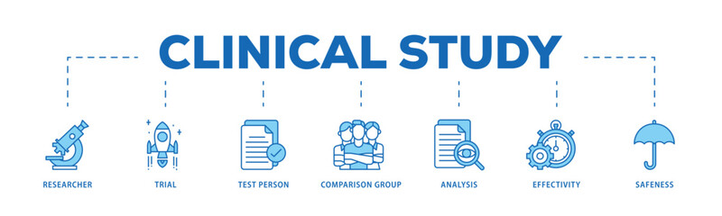 Clinical study infographic icon flow process which consists of researcher, trial, test person, comparison group, analysis, effectivity, and safeness icon live stroke and easy to edit .