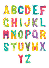 Dinosaurs alphabet from A to Z. Letters of English alphabet shaped as dinos. Children colorful cartoon funny fictional characters ABC. Vector flat icons set isolated on white background