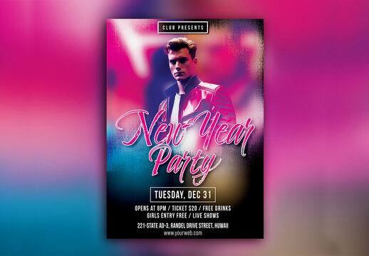 New Year Party Flyer or Poster  with Handsome Man Portrait and Event Details.
