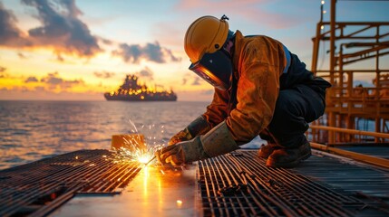 Skilled Welding Specialist at Offshore Oil Platform with Stunning Sea Background