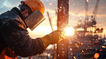 Fototapeta premium Skilled Welder at Work Repairing Metal Structures with Sparks Flying at Offshore Oil Facility