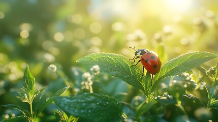 A close-up of a shiny ladybug perched on a fresh green leaf, sunlight casting soft shadows and enhancing the vivid colors, with a blurred meadow in the background, hd quality, natural look.