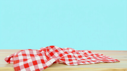 Obraz premium Rustic Wooden Tabletop Mockup with Red and White Checkered Kitchen Towel on a Blue Background, Perfect for Food Product Display, Branding, and Marketing.