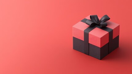 Obraz premium A beautifully wrapped gift box with a black ribbon on a vibrant red background, perfect for celebrations and special occasions.