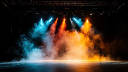 Illuminated Dramatic Ambiance: Stage Lights and Colorful Spotlights Shining through Thick Smoke in Dark Theatre