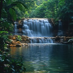 Obraz premium A serene waterfall cascading into a tranquil pool, surrounded by lush greenery and vibrant nature.