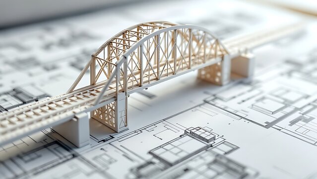 vision of architecture of a 3d model bridge project with blueprint