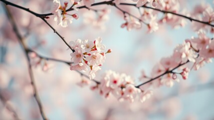 A delicate branch of delicate pink blossoms in full bloom, soft petals and a blurred background creates a dreamy aesthetic.