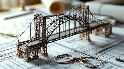 vision of architecture of a 3d model bridge project with blueprint