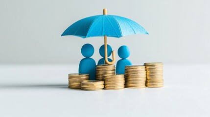 Financial safeguards and investment safety. Colorful umbrella protects people from coins, symbolizing financial security and savings.