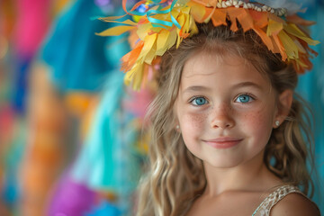 Fototapeta premium Generative AI Image of a Smiling Child in Colorful Traditional Costume at a Festive Holiday Celebration
