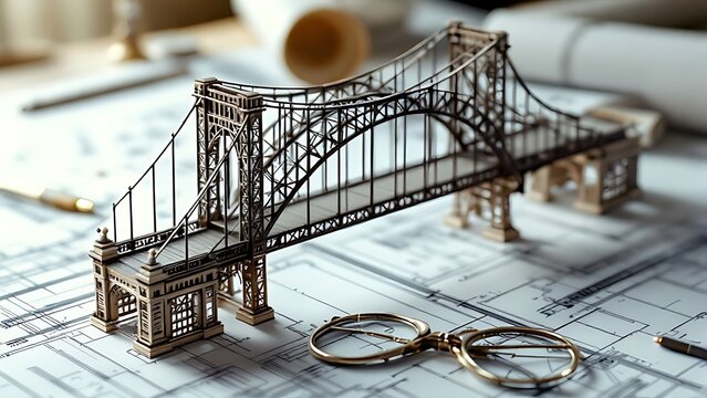vision of architecture of a 3d model bridge project with blueprint