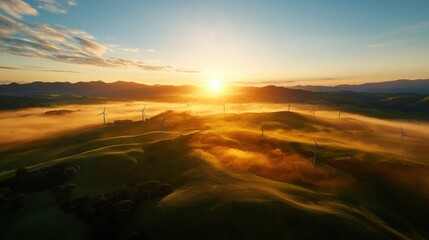 Serene Sunrise: Wind Turbines in Misty Hills