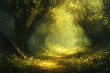 Obraz premium A sunlit path winds through a mystical, verdant forest, creating an enchanting scene.