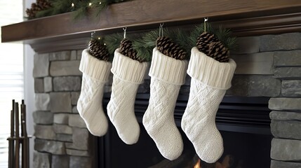 Christmas Stockings Hung on Fireplace with Pinecone Decorations