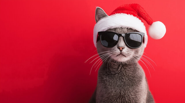 Whimsical illustration of a festive cat in sunglasses and santa hat on red background