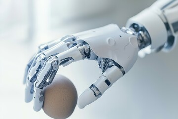 A robotic hand delicately holds a small egg, showcasing advanced technology and precision in design.