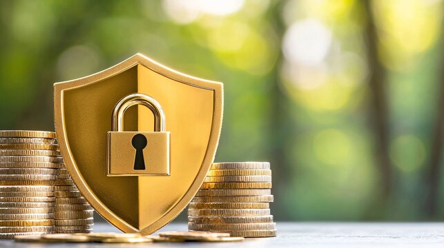 Financial safeguards and investment safety. Golden shield with a lock surrounded by coins, symbolizing financial security and protection.