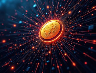 A Futuristic Representation of a Digital Coin Surrounded by Energetic Particles and Light Rays