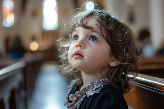 Generative AI Image of a Young Child in Church Attending a Religious Service