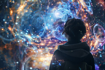 Naklejka premium Generative AI Close-Up of a Time Traveler Exploring Cosmic Portal Across Space and Time
