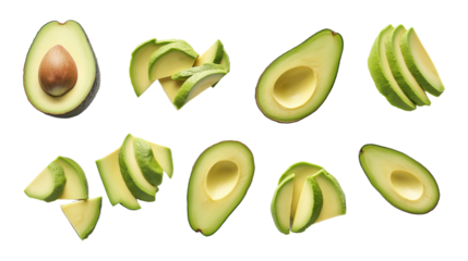 Set of fresh ripe avocado slices isolated on transparent PNG or white background.
