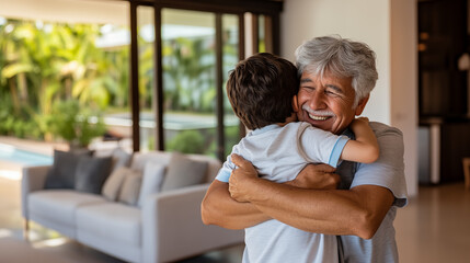 Fototapeta premium Grandfather embracing his grandson giving a hug. Family love, affection and joy.