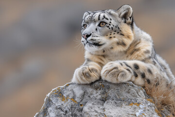 Fototapeta premium Snow leopard observing majestic landscape mountain range wildlife photography serene environment