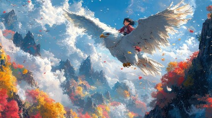 Girl riding a giant white eagle soaring above autumnal mountain range.