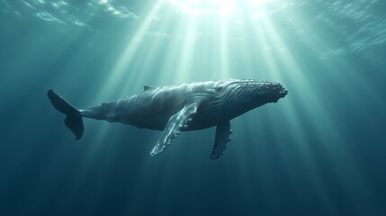 Fototapeta premium Whale swimming in turquoise ocean depths, horizontal, perfect for ocean conservation, marine life protection, environmental campaigns and nature documentaries