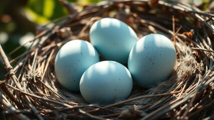 Obraz premium A nest of four pale blue eggs, carefully nestled within a woven basket of twigs, basking in the warm glow of sunlight.