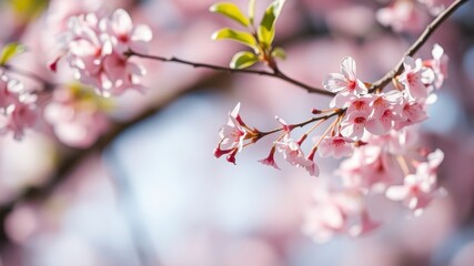 Fototapeta premium Delicate pink blossoms on a branch, bathed in soft sunlight, with a gentle blur of other flowers in the background.