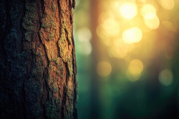 Obraz premium Close-up of tree bark textured with moss, sunlit bokeh background in forest.