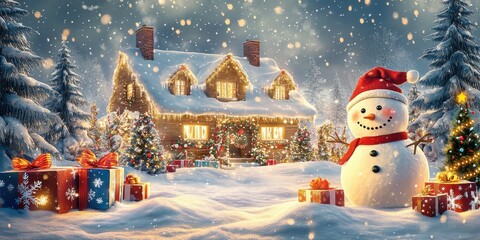 Obraz premium [Christmas snowy landscape with festive decorations] Festive Winter Wonderland Scene with Santa Claus