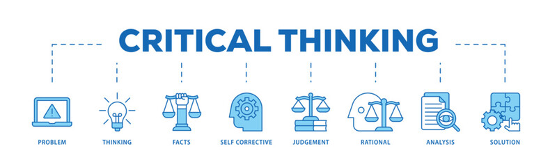 Critical thinking infographic icon flow process which consists of solution, analysis, self corrective, rational, judgement, facts, thinking, problem icon live stroke and easy to edit .