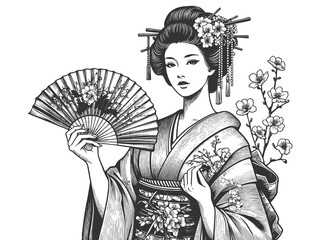 Obraz premium graceful geisha in traditional attire, adorned with flowers and hairpins, holding a decorative fansketch engraving generative ai raster illustration. Scratch board imitation. Black and white image.