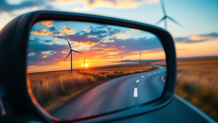 Obraz premium Rearview mirror driving a car and seeing an electric windmill generator