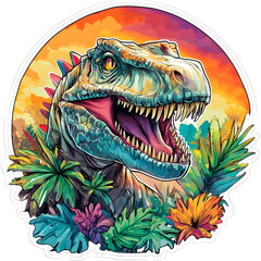 Colorful dinosaur roaring in tropical jungle at sunset