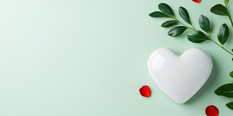 Valentine's Day heart decoration with rose petals on a mint green background