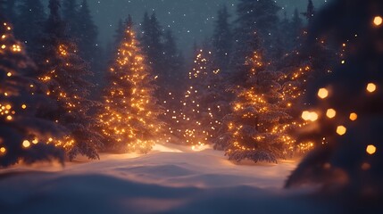 Naklejka premium Christmas Lights Twinkling on Snow-covered Trees in Forest