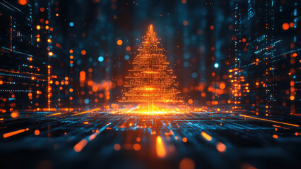 Digital Christmas Tree in Futuristic Neon Lights