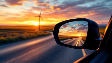 Rearview mirror driving a car and seeing an electric windmill generator