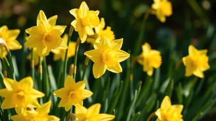 Fototapeta premium A vibrant field of yellow daffodils, bathed in the golden glow of the sun, their petals reaching towards the sky, creating a breathtaking display of natural beauty.
